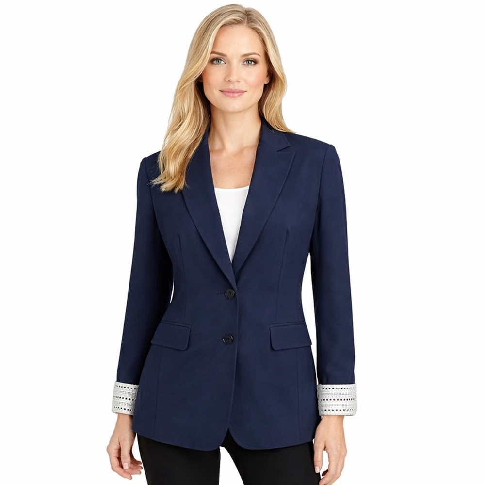 Rena Lange Blue Sateen Navy Blazer Lace Bow Cuff Classic Chic Jacket Size US 14
